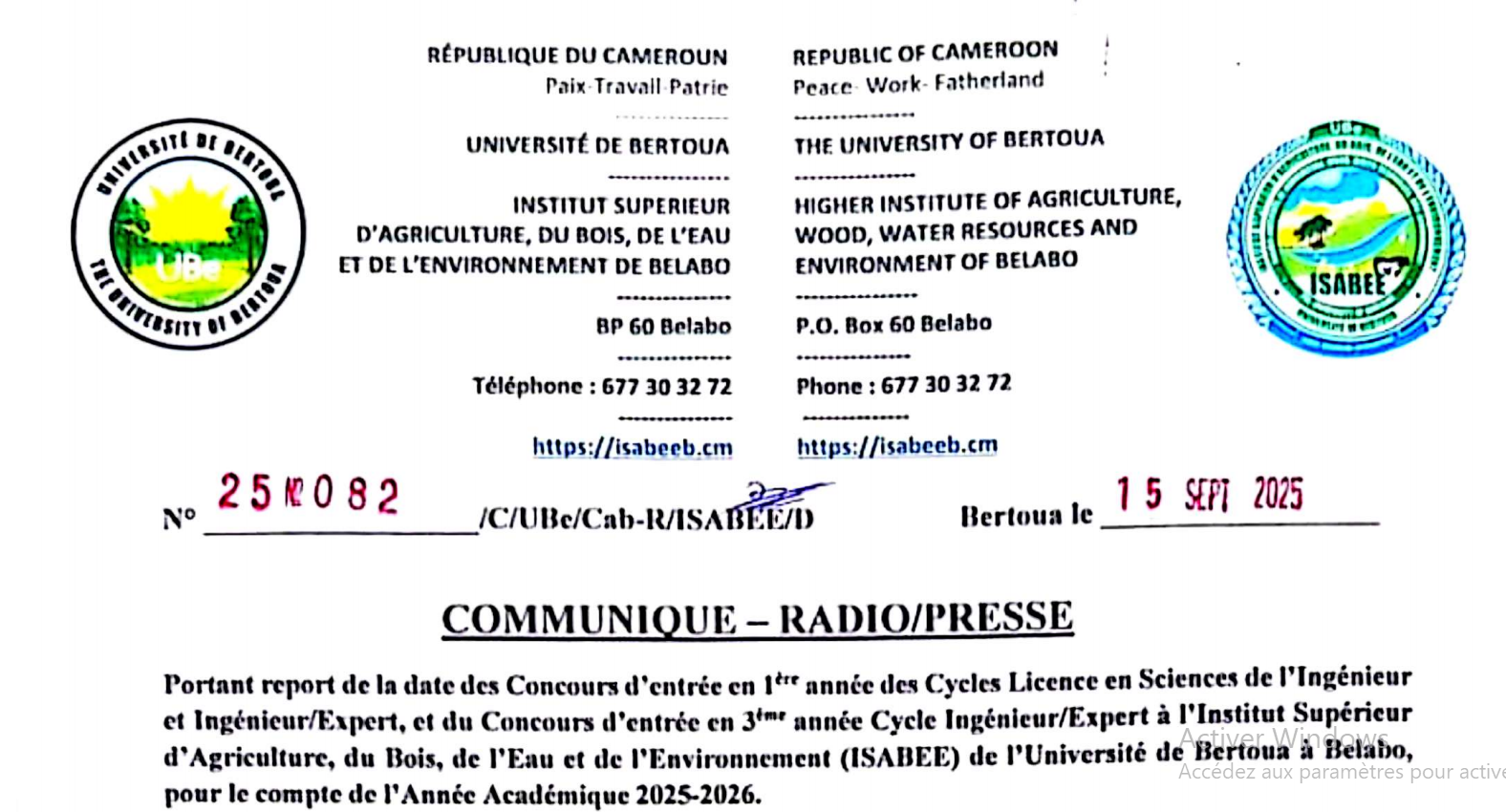 COMMUNIQUE PORTANT REPORT DE LA DATE DES CONCOURS D’ENTREE EN 1ère ANNEE ET 3ème ANNEE A L’ISABEE POUR LE COMPTE DE L’ANNEE ACADEMIQUE 2025-2026